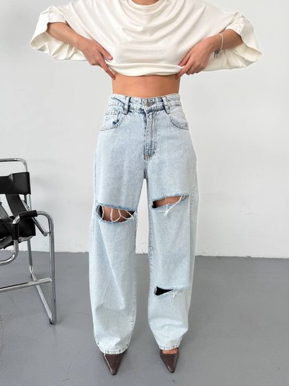 Kadın Baggy Yırtık Jeans Pantolon