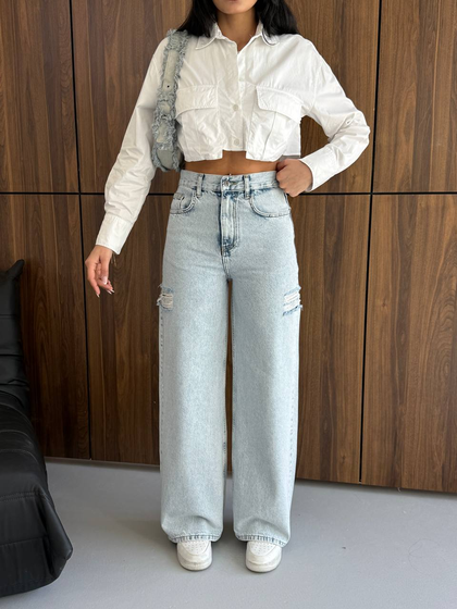 Kadın Yırtık Detaylı Palazzo Jeans Pantolon