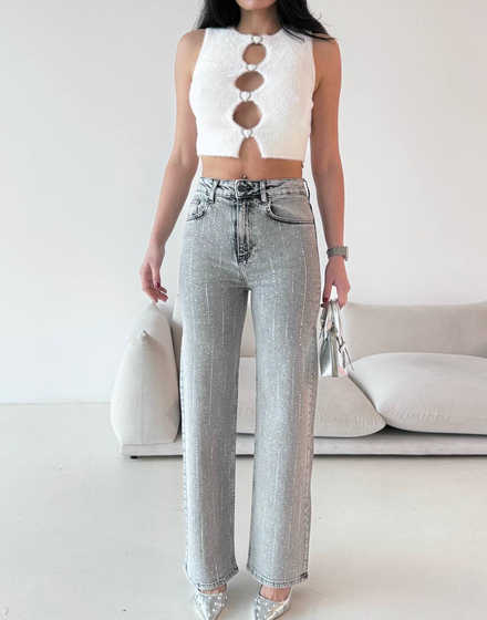 Kadın Taşlı Slouchy Jeans Pantolon