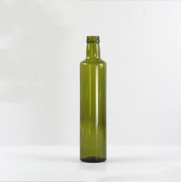 Round green olive oil glass bottle
