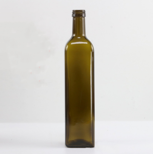 Square brown olive oil glass bottle