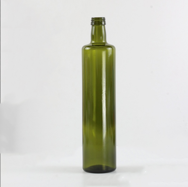 Round green olive oil glass bottle