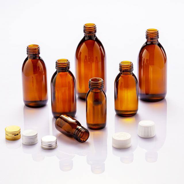 Amber syrup glass bottles